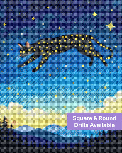 Black cat leaping through a starry sky over mountains and pine trees in a dreamy style