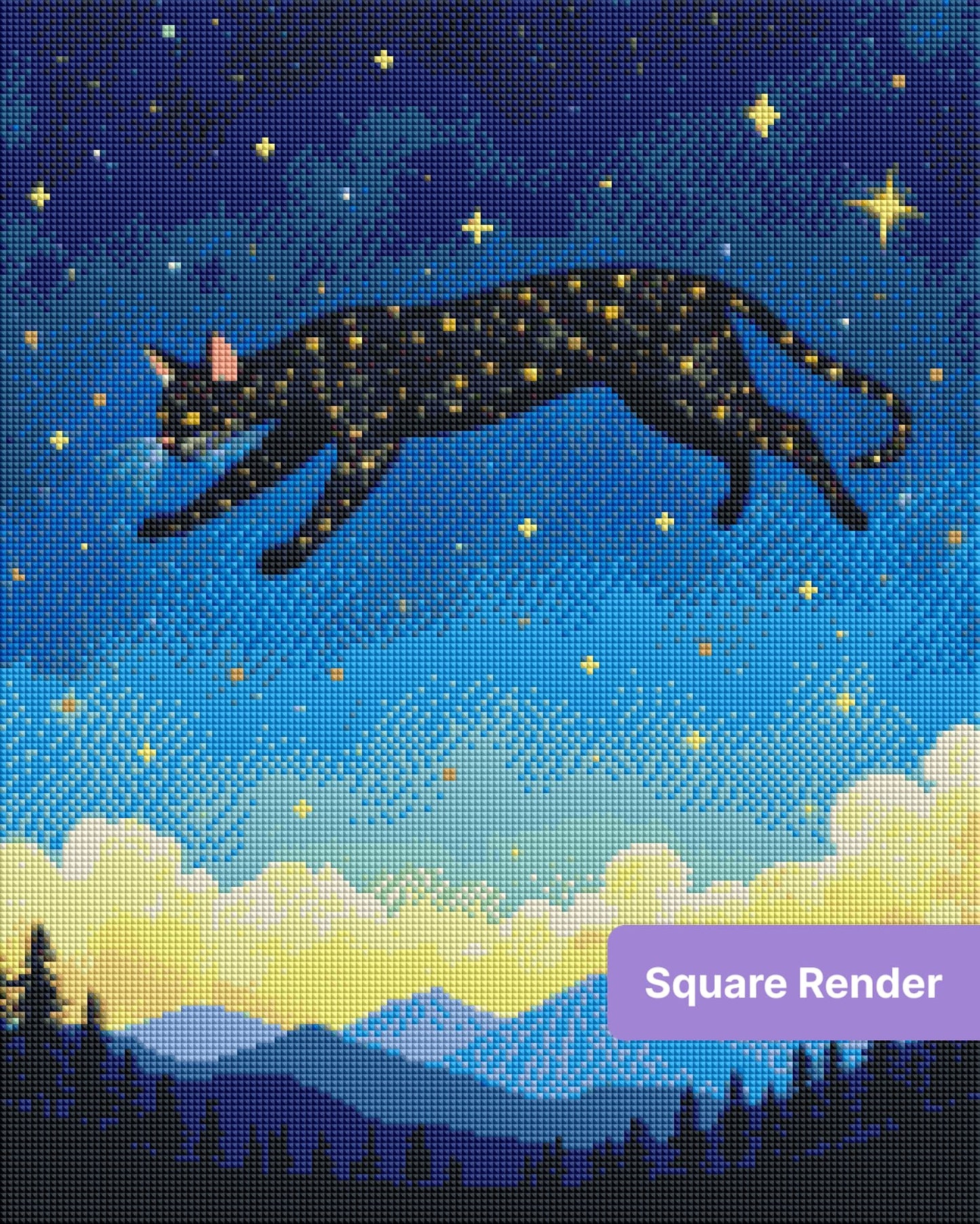 Black cat leaping through a starry sky over mountains and pine trees in a dreamy style
