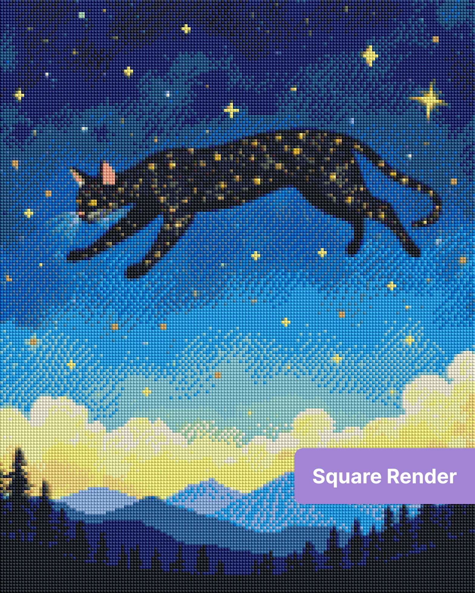 Black cat leaping through a starry sky over mountains and pine trees in a dreamy style