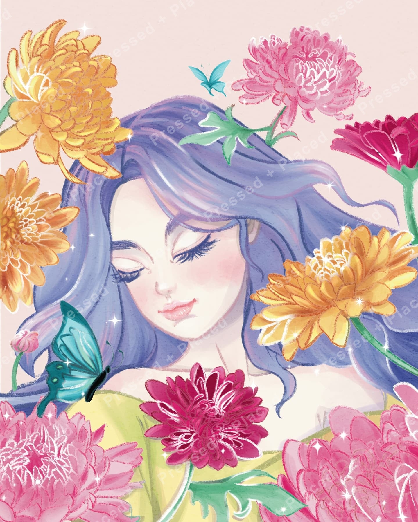 Fantasy woman with blue hair surrounded by colorful flowers and butterflies in pastel illustration style