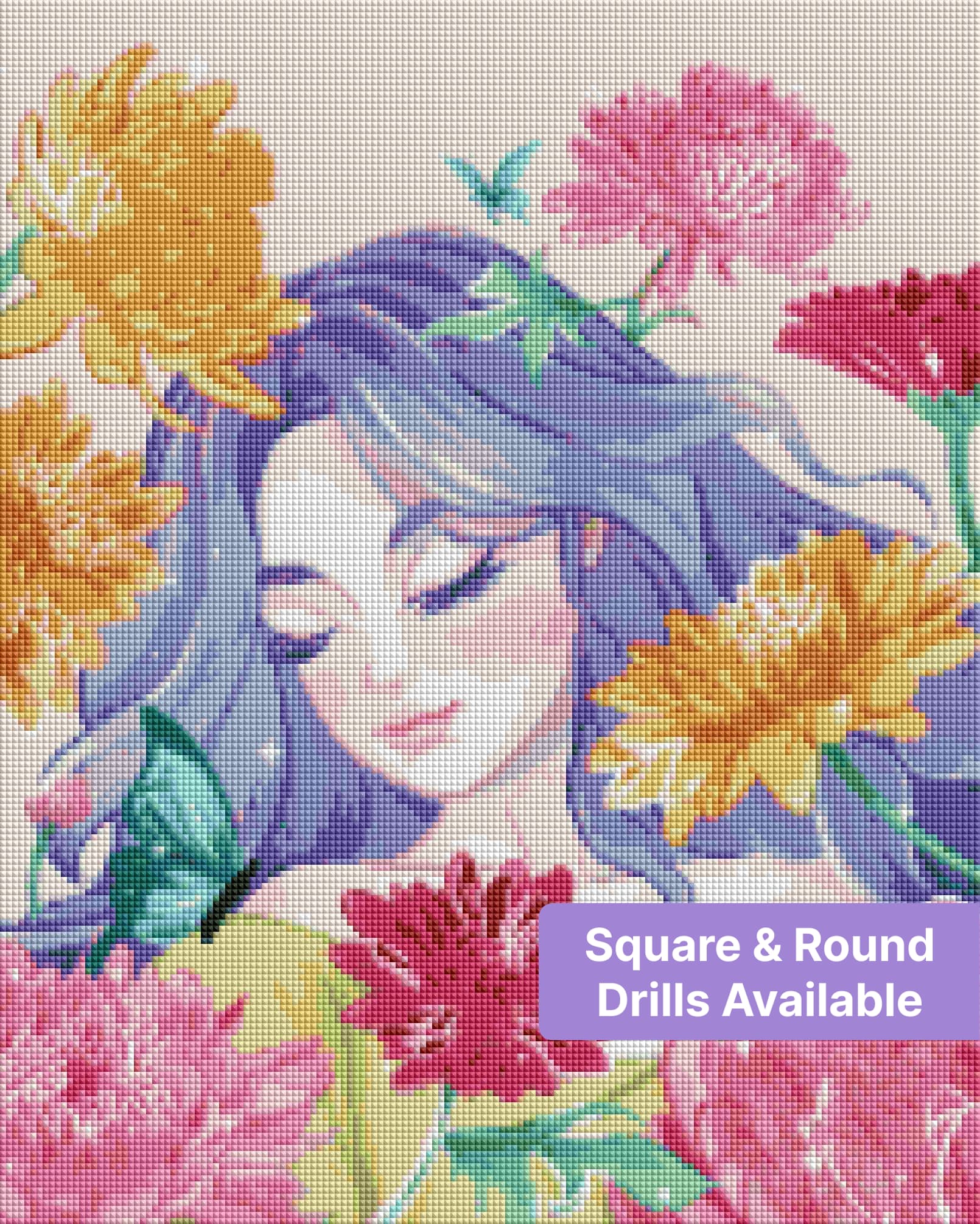 Fantasy woman with blue hair surrounded by colorful flowers and butterflies in pastel illustration style