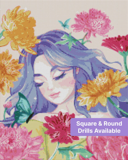 Fantasy woman with blue hair surrounded by colorful flowers and butterflies in pastel illustration style