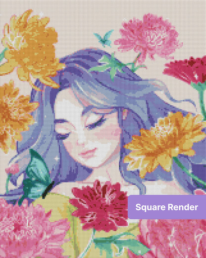 Fantasy woman with blue hair surrounded by colorful flowers and butterflies in pastel illustration style