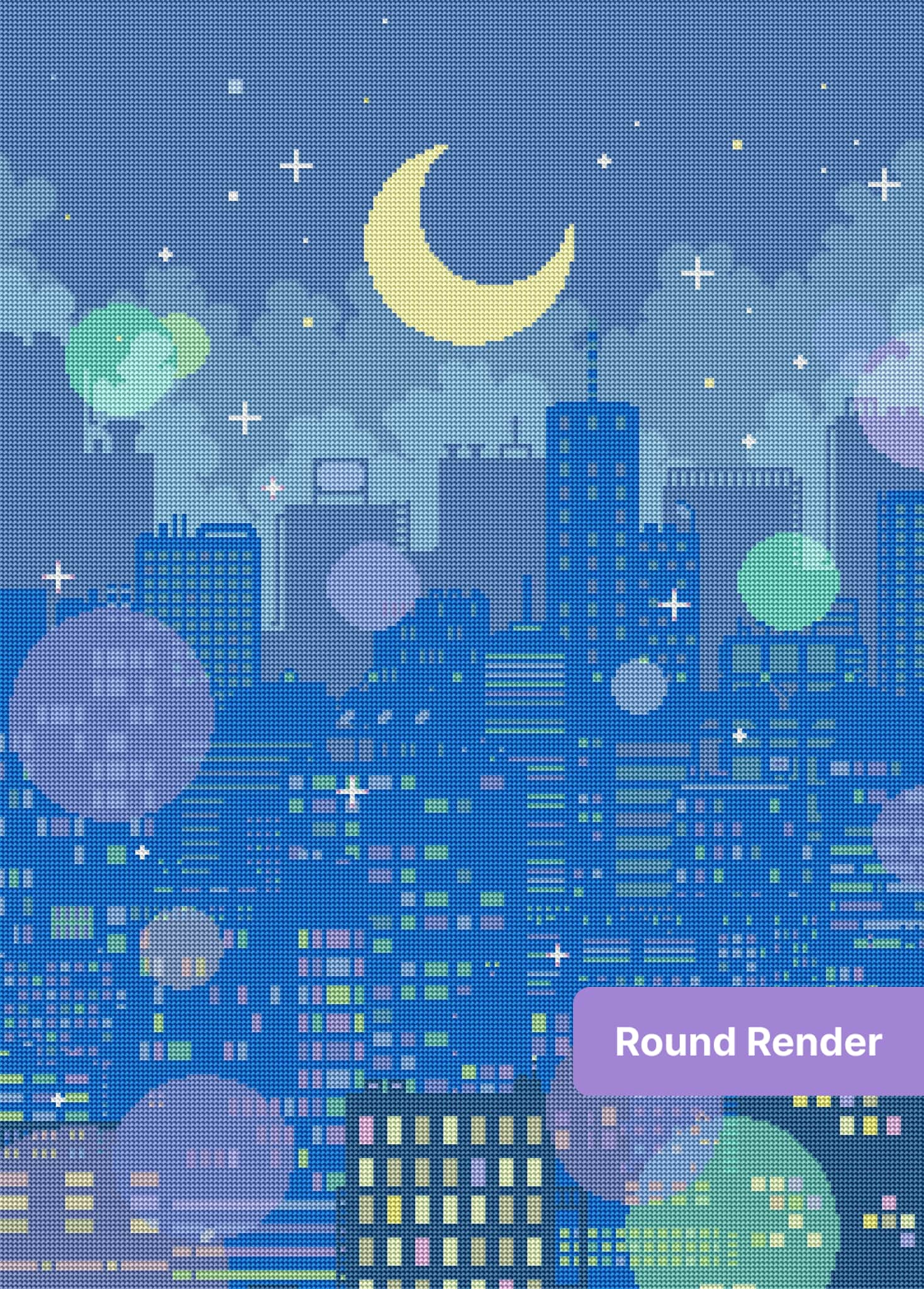 Pixel-style moonlit city skyline with pastel stars, glowing buildings, and a crescent moon