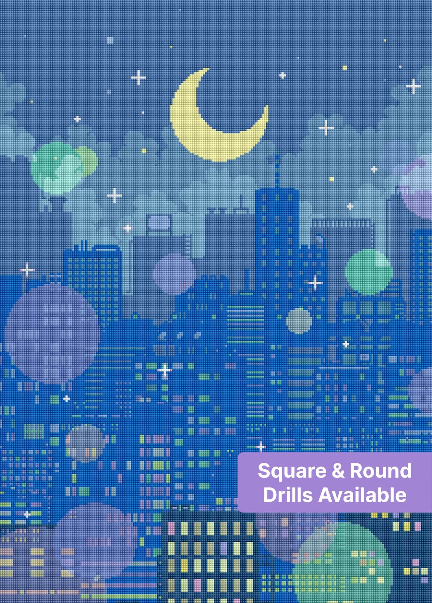 Pixel-style moonlit city skyline with pastel stars, glowing buildings, and a crescent moon