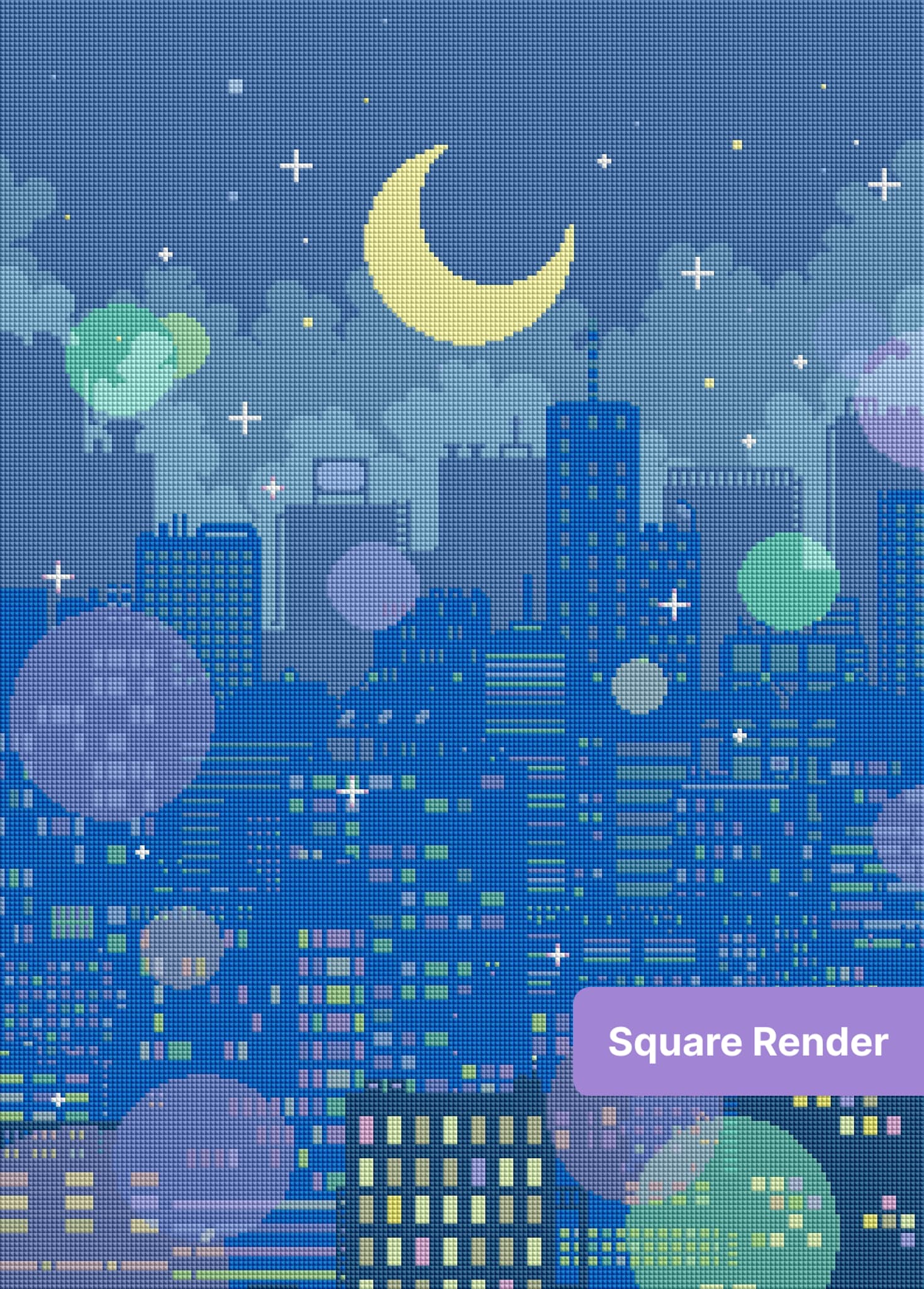 Pixel-style moonlit city skyline with pastel stars, glowing buildings, and a crescent moon