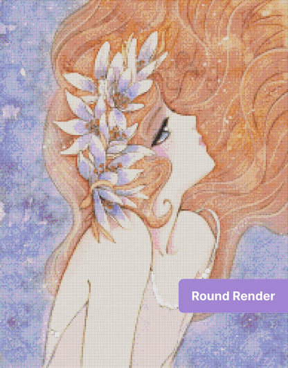 Watercolor-style red-haired woman with lavender flowers and a dreamy purple background