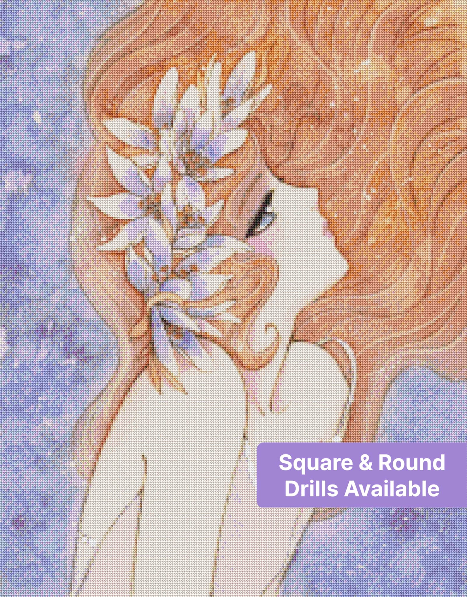 Watercolor-style red-haired woman with lavender flowers and a dreamy purple background