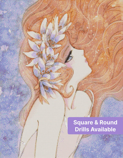 Watercolor-style red-haired woman with lavender flowers and a dreamy purple background
