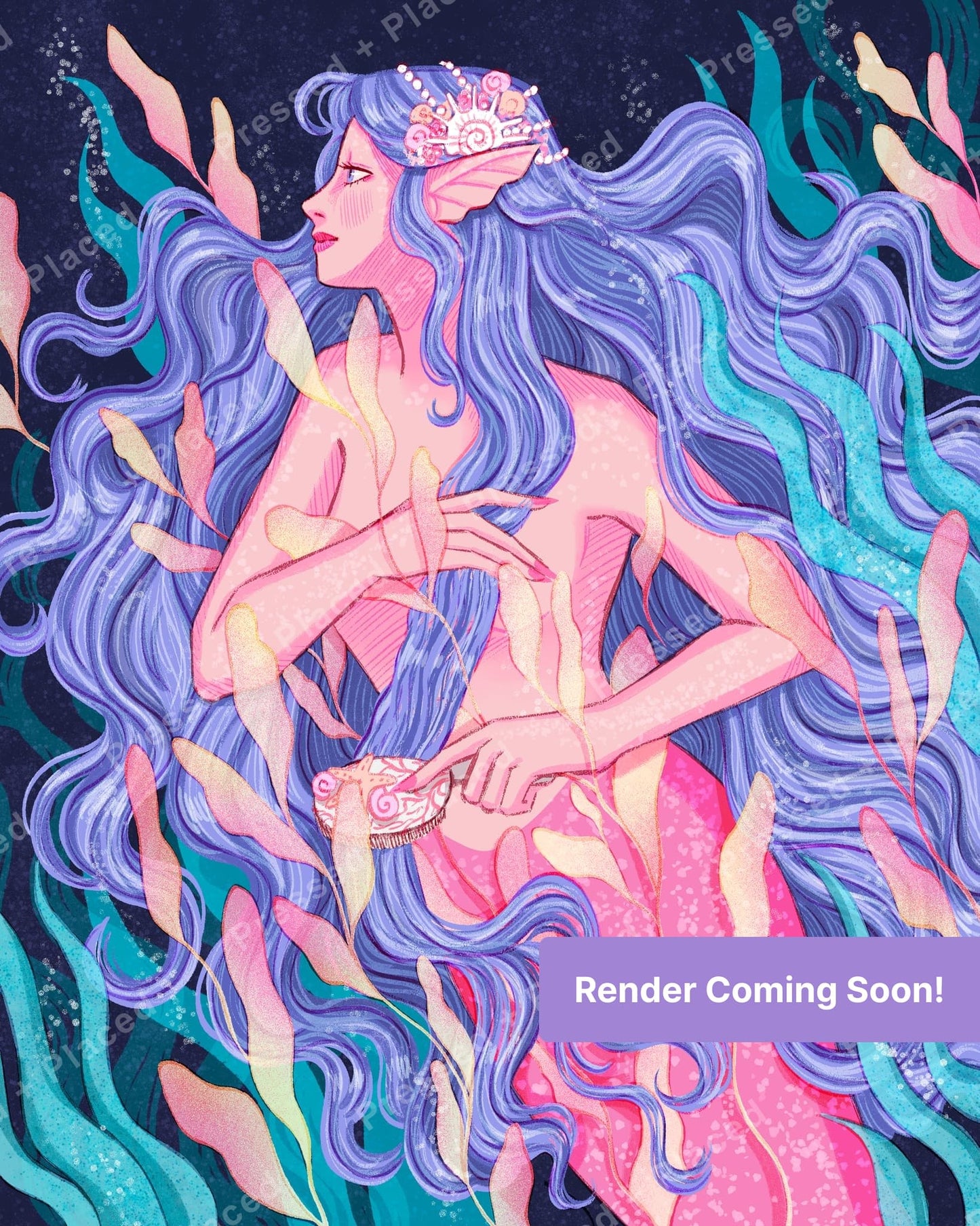 Fantasy mermaid with flowing lavender hair and seashell details in underwater style