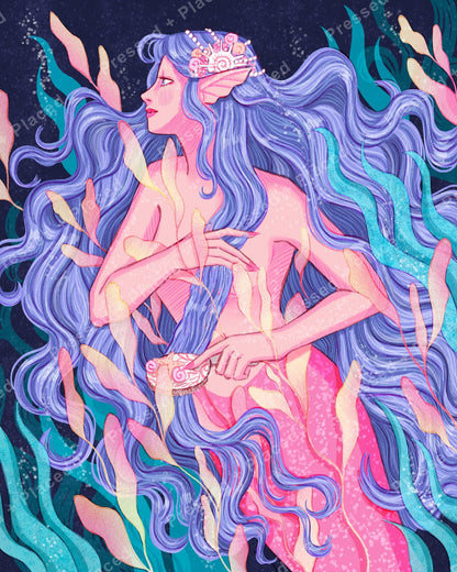 Fantasy mermaid with flowing lavender hair and seashell details in underwater style