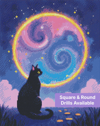 Black cat sitting beneath a glowing cosmic portal with swirling purple, pink, and blue clouds