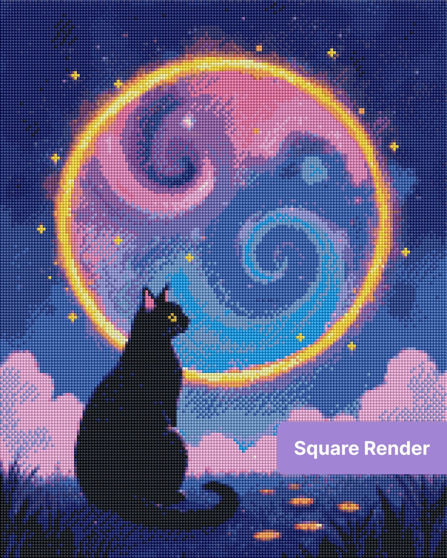 Black cat sitting beneath a glowing cosmic portal with swirling purple, pink, and blue clouds