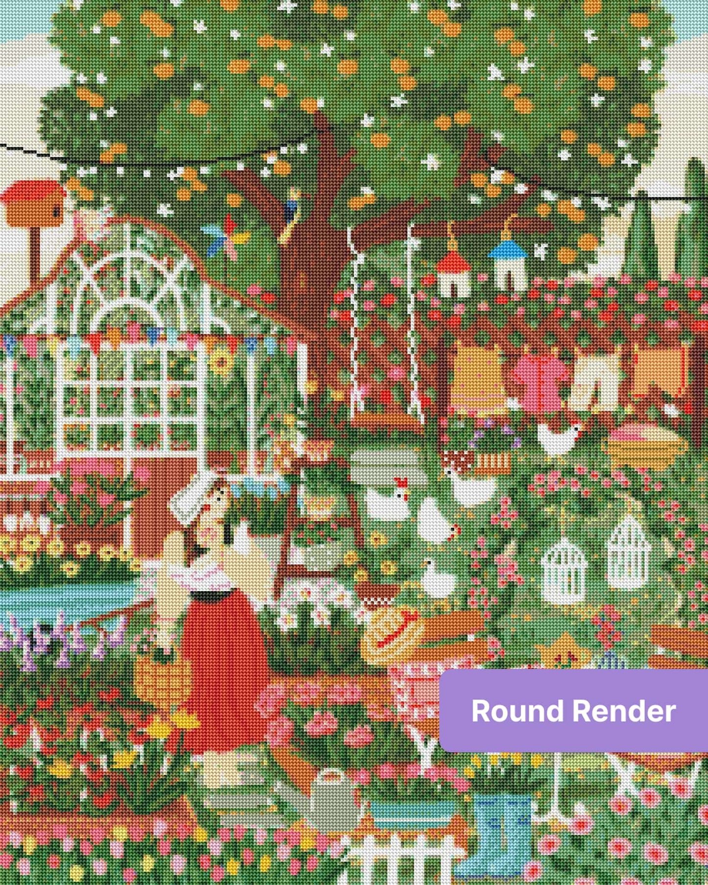 Whimsical garden tea party with flowers, birds, laundry, and a woman in a red dress