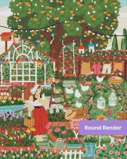 Whimsical garden tea party with flowers, birds, laundry, and a woman in a red dress