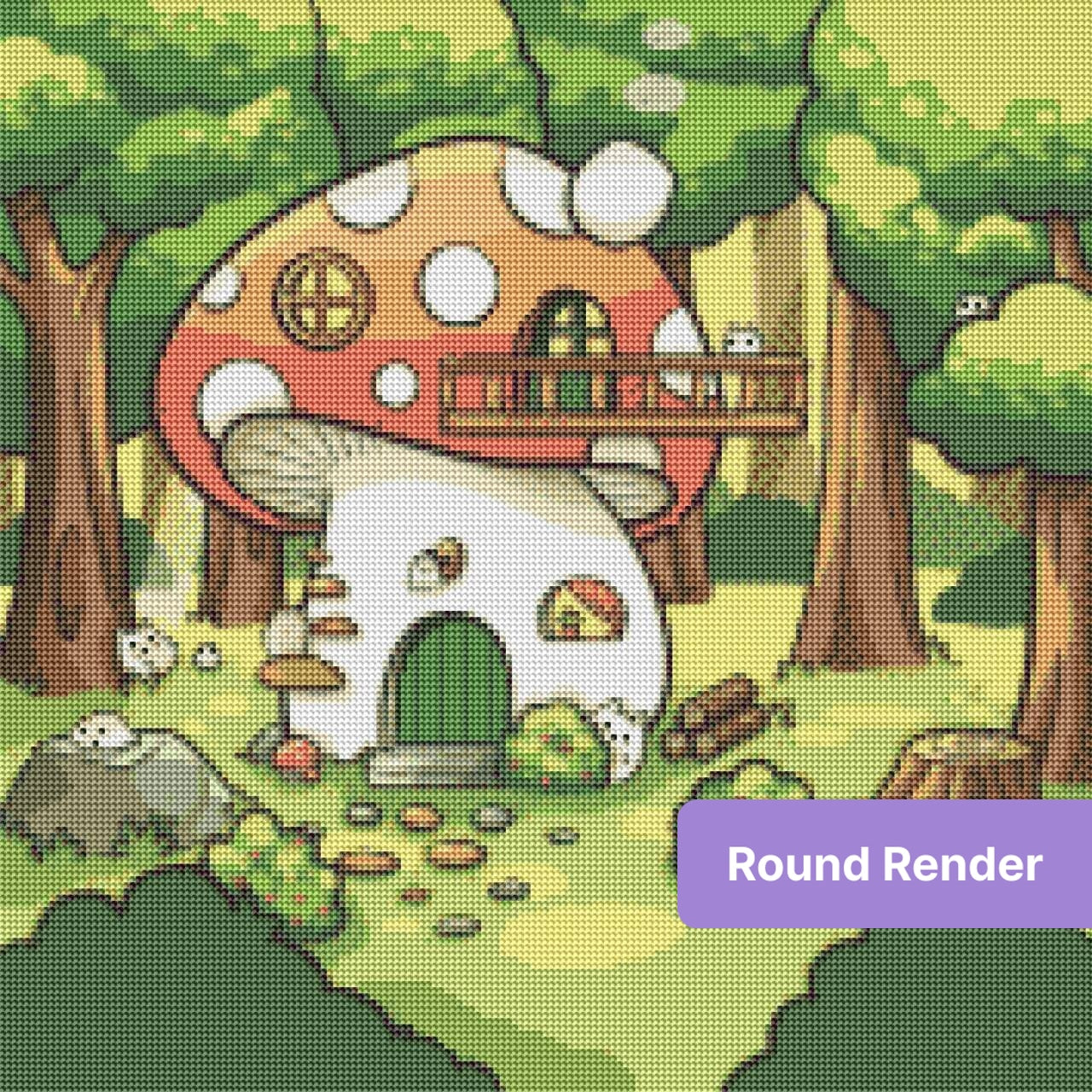 Cute mushroom house in a whimsical forest with trees, greenery, and tiny woodland animals