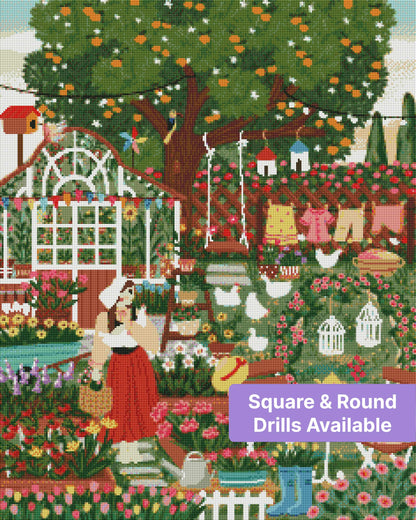 Whimsical garden tea party with flowers, birds, laundry, and a woman in a red dress
