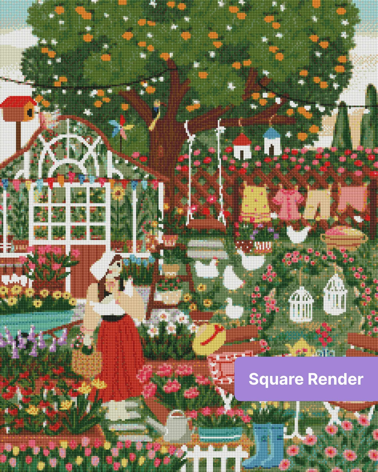 Whimsical garden tea party with flowers, birds, laundry, and a woman in a red dress