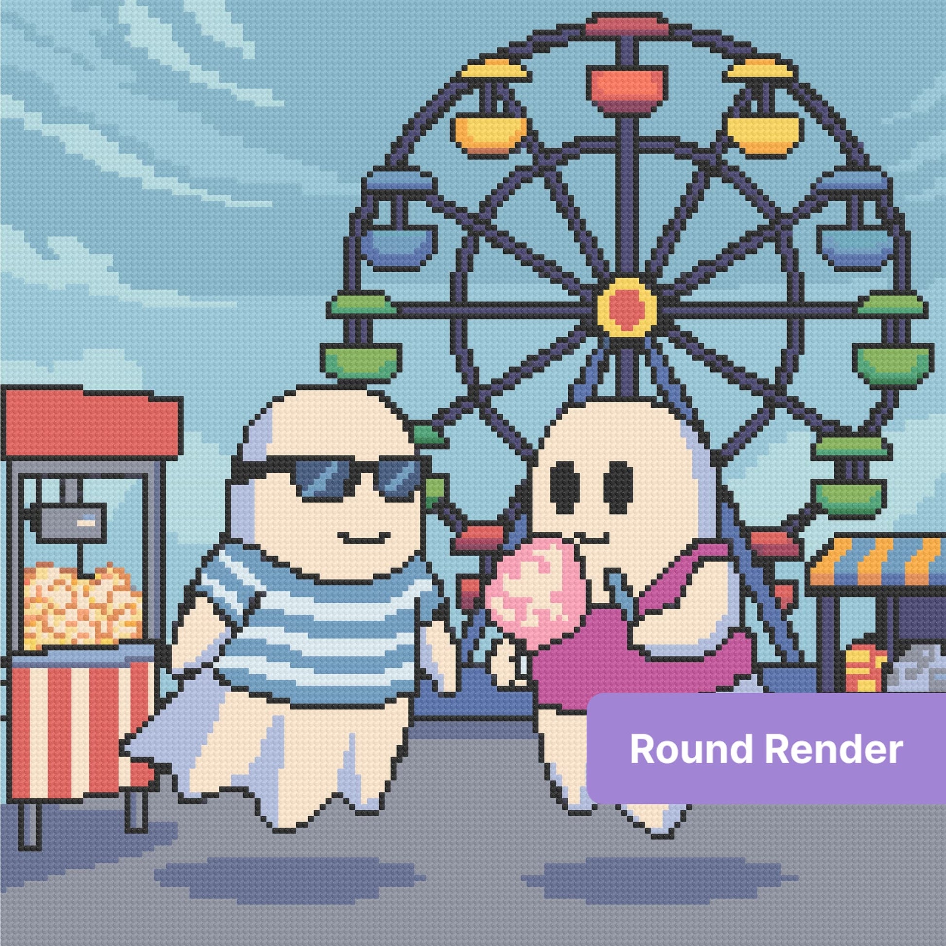 Cute cartoon couple in front of a colorful Ferris wheel at a carnival fair