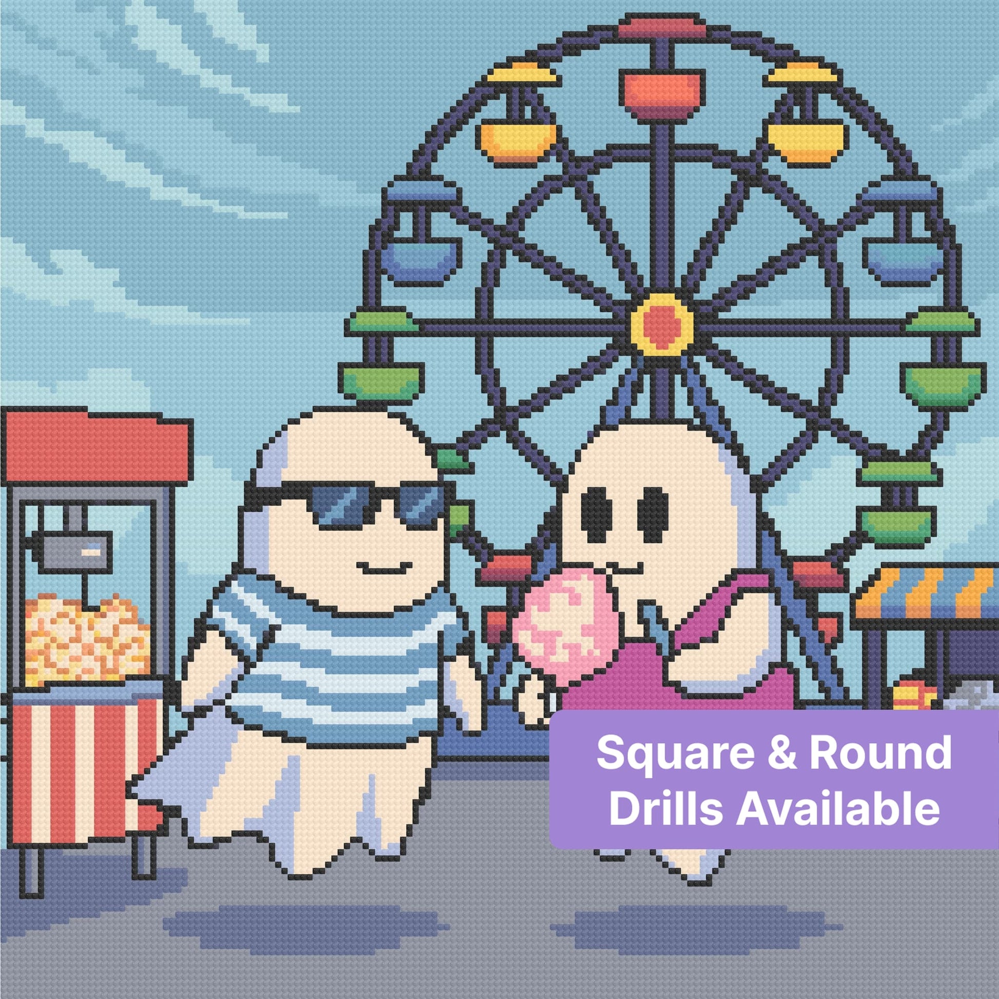 Cute cartoon couple in front of a colorful Ferris wheel at a carnival fair