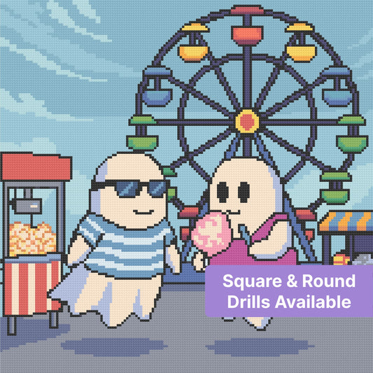 Cute cartoon couple in front of a colorful Ferris wheel at a carnival fair