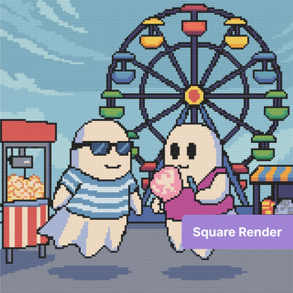 Cute cartoon couple in front of a colorful Ferris wheel at a carnival fair