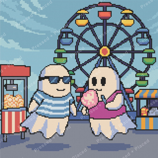 Cute cartoon couple in front of a colorful Ferris wheel at a carnival fair