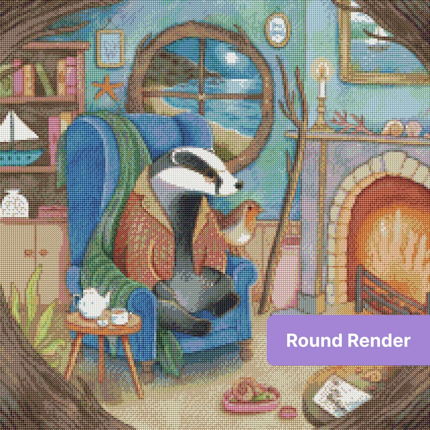 Badger in a blue armchair by a fireplace, cozy seaside cottage with whimsical nautical decor