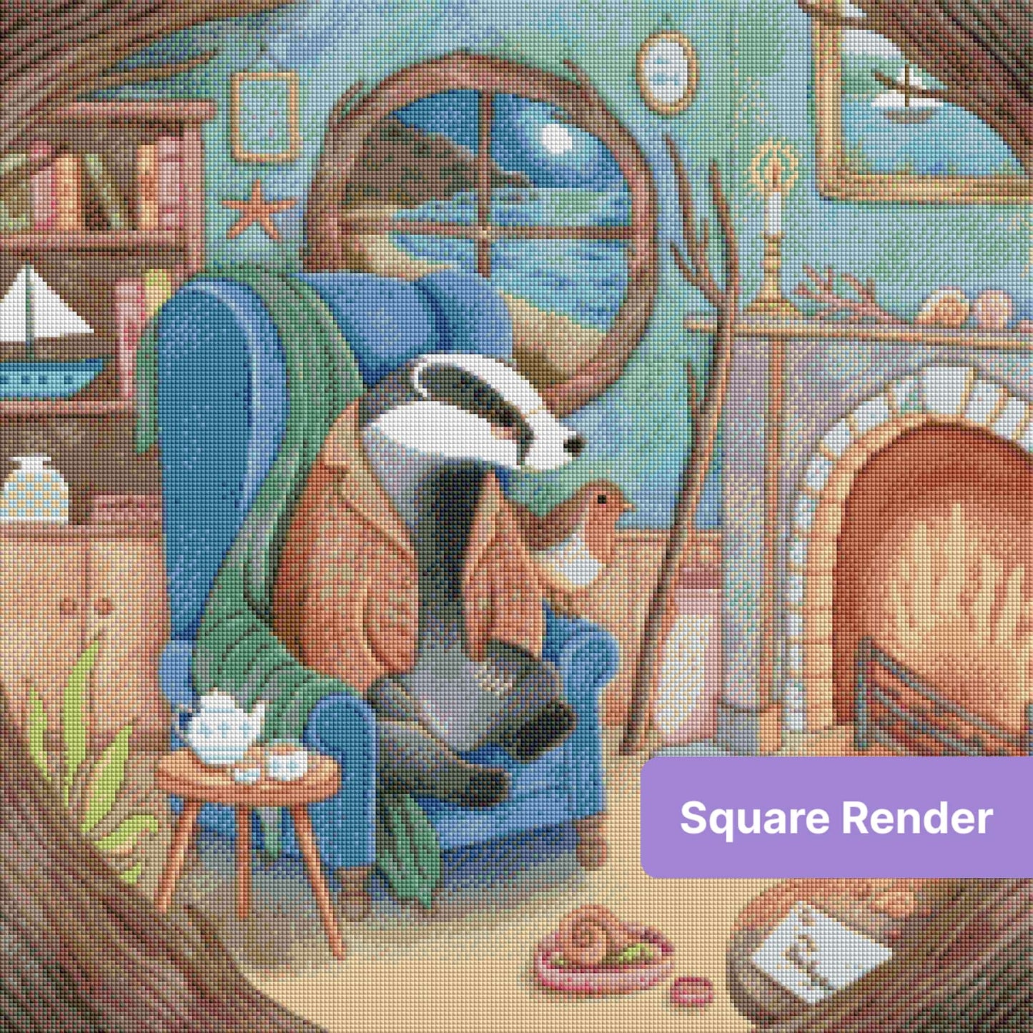 Badger in a blue armchair by a fireplace, cozy seaside cottage with whimsical nautical decor