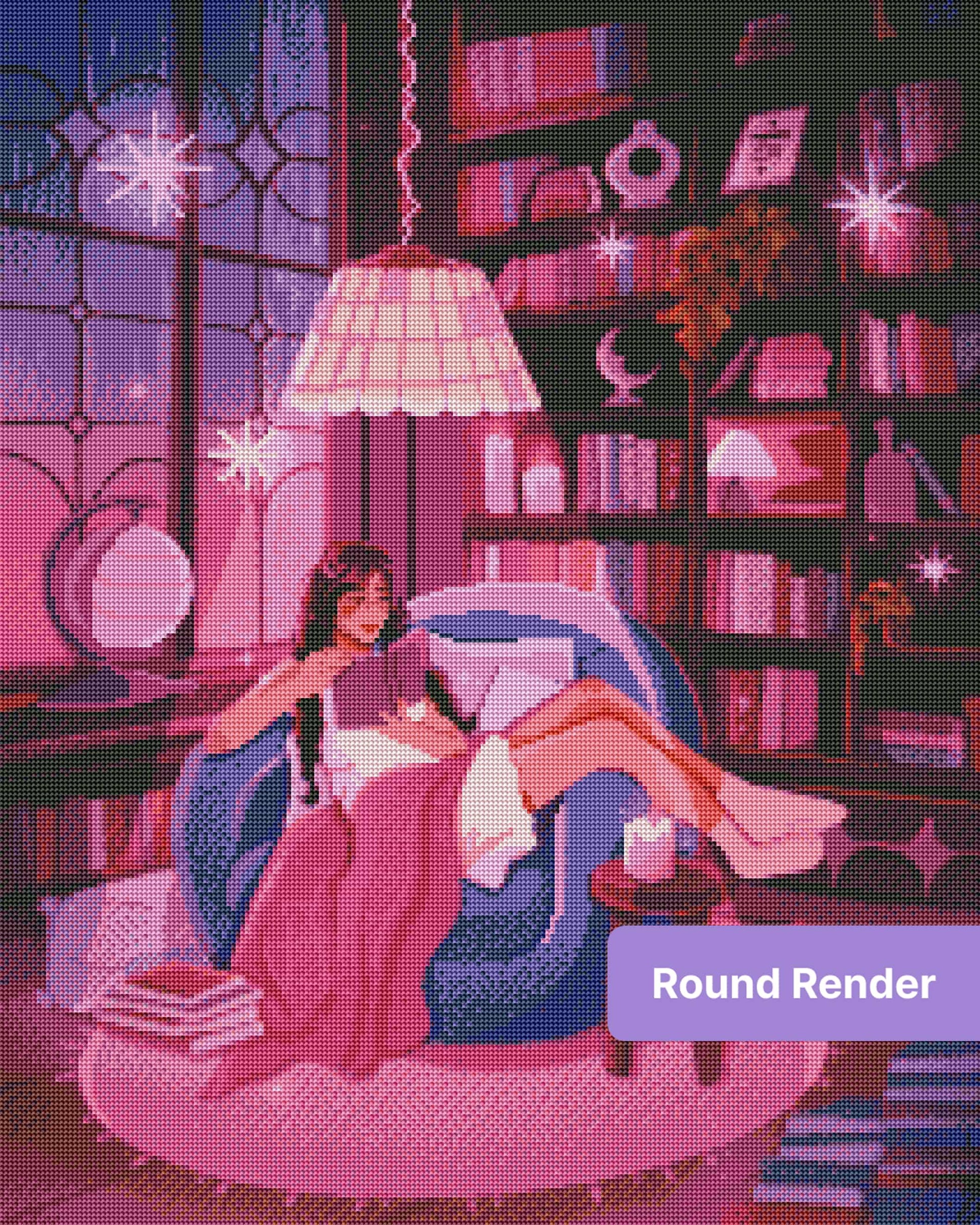 Cozy illustrated reading room with bookshelves, candles, and a woman reading in a purple-pink fantasy style