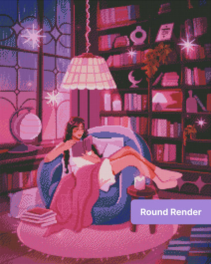 Cozy illustrated reading room with bookshelves, candles, and a woman reading in a purple-pink fantasy style