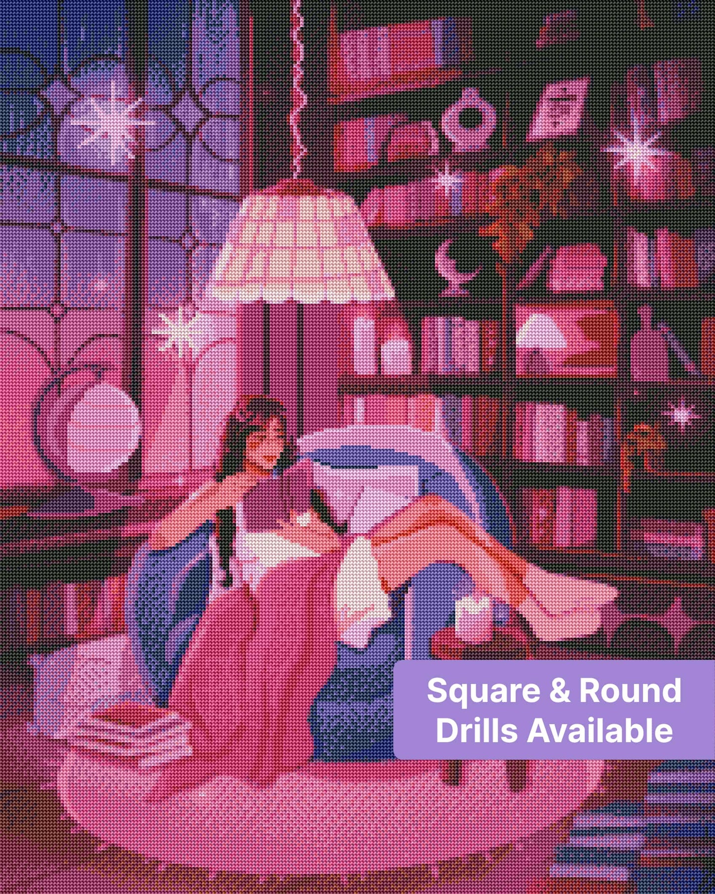 Cozy illustrated reading room with bookshelves, candles, and a woman reading in a purple-pink fantasy style