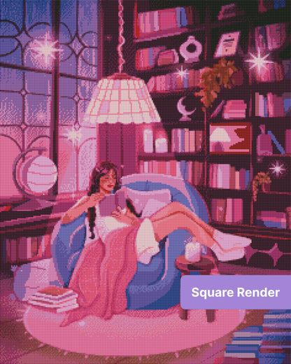 Cozy illustrated reading room with bookshelves, candles, and a woman reading in a purple-pink fantasy style
