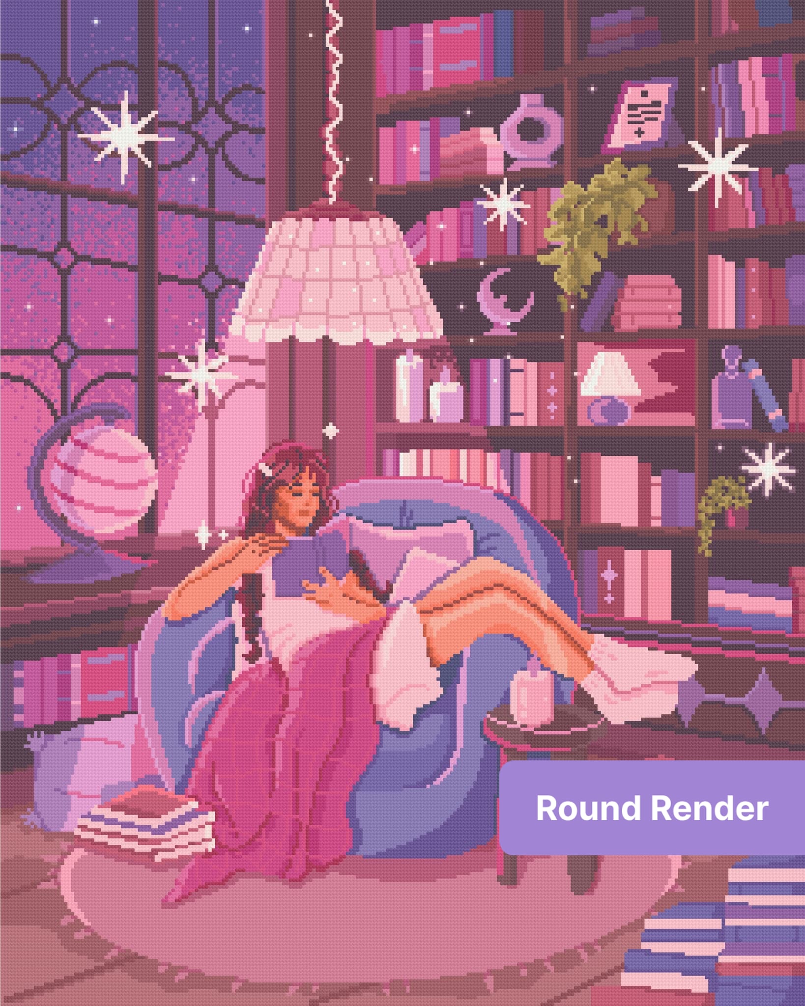 Girl reading in a cozy pink and purple fantasy room with books, candles, and soft lighting