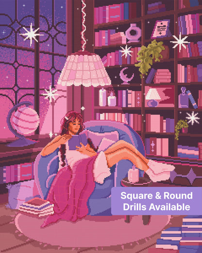 Girl reading in a cozy pink and purple fantasy room with books, candles, and soft lighting