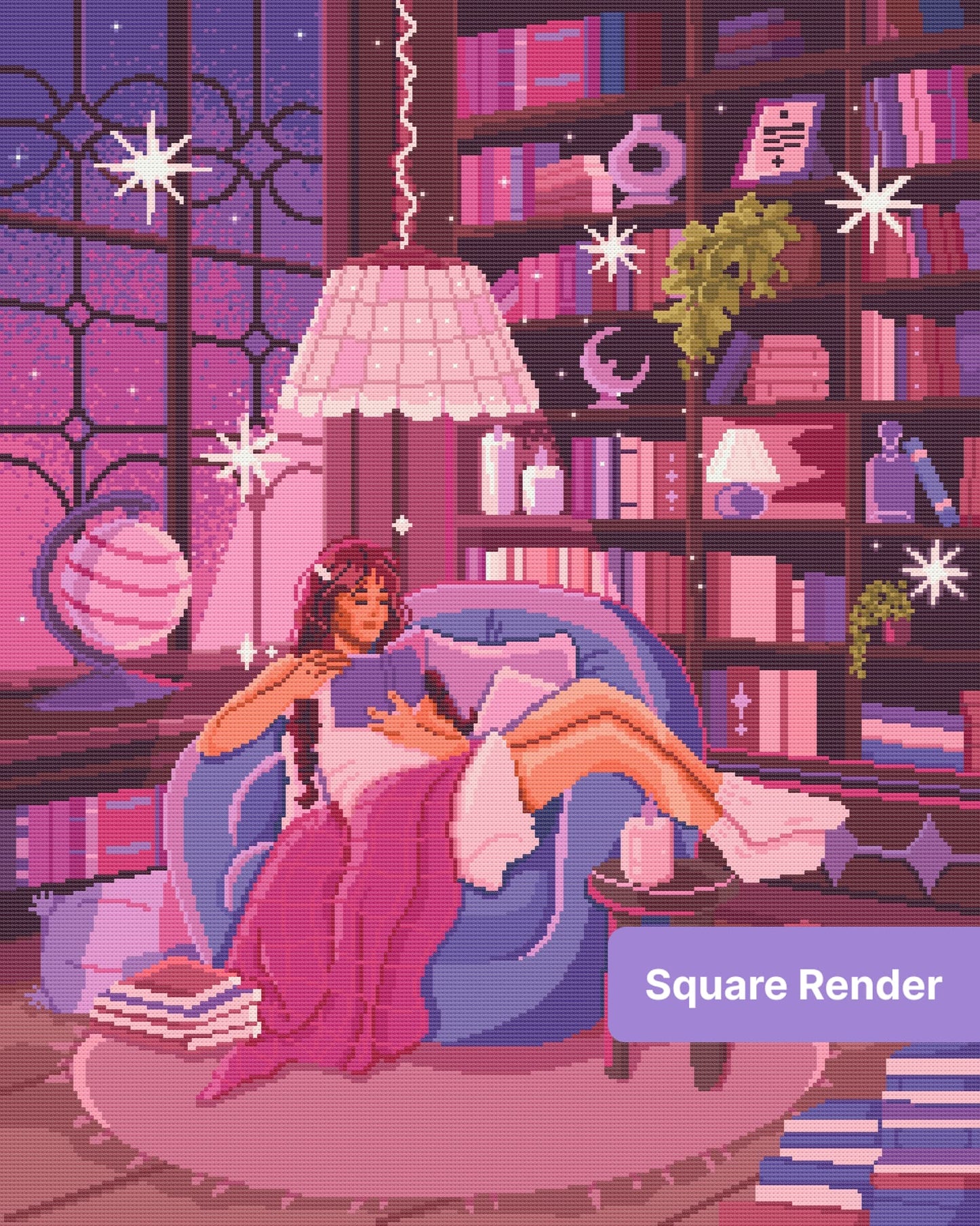 Girl reading in a cozy pink and purple fantasy room with books, candles, and soft lighting