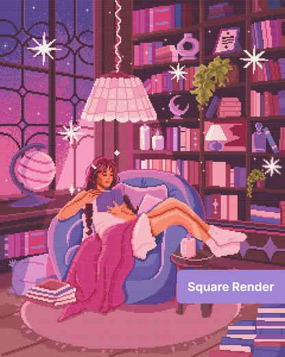 Girl reading in a cozy pink and purple fantasy room with books, candles, and soft lighting