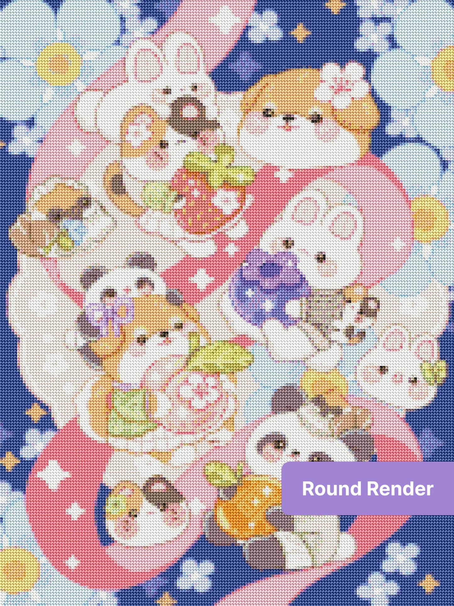 Cute kawaii animal friends with flowers and fruit in a pastel cartoon style