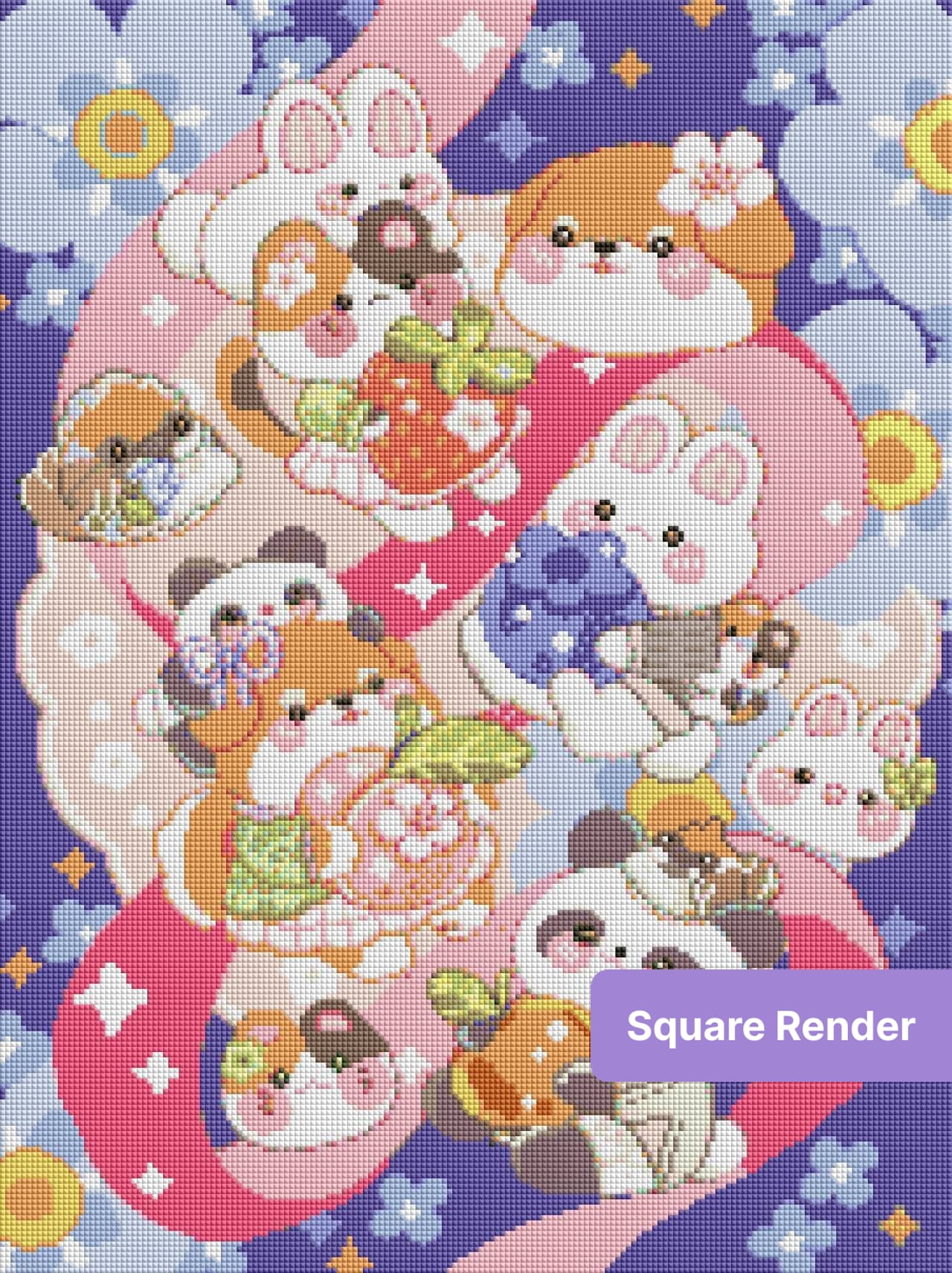 Cute kawaii animal friends with flowers and fruit in a pastel cartoon style