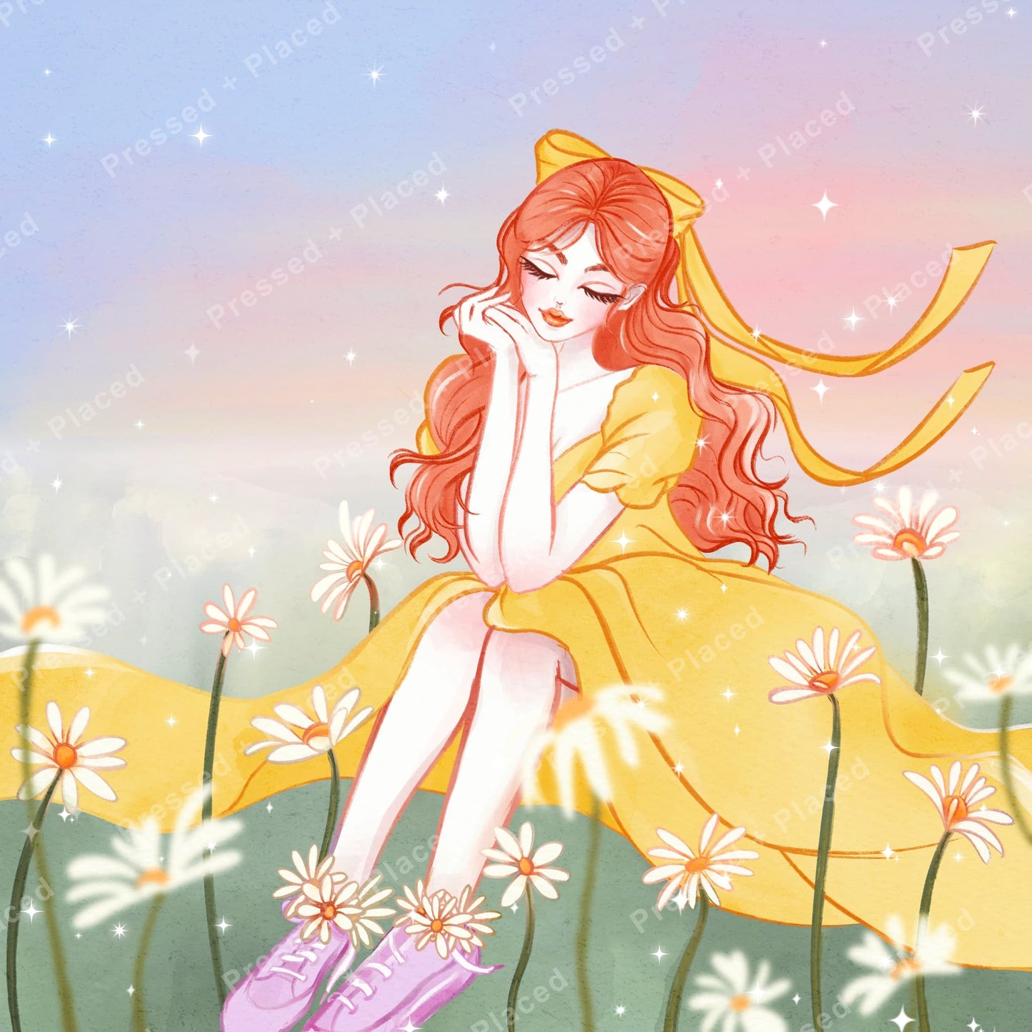 Pastel girl in yellow dress with daisies and soft fantasy sparkles