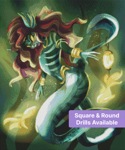Fantasy mermaid with flowing hair and glowing lanterns in a vibrant teal and gold style