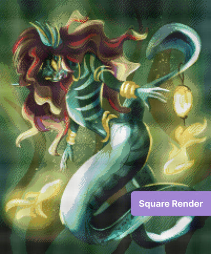 Fantasy mermaid with flowing hair and glowing lanterns in a vibrant teal and gold style