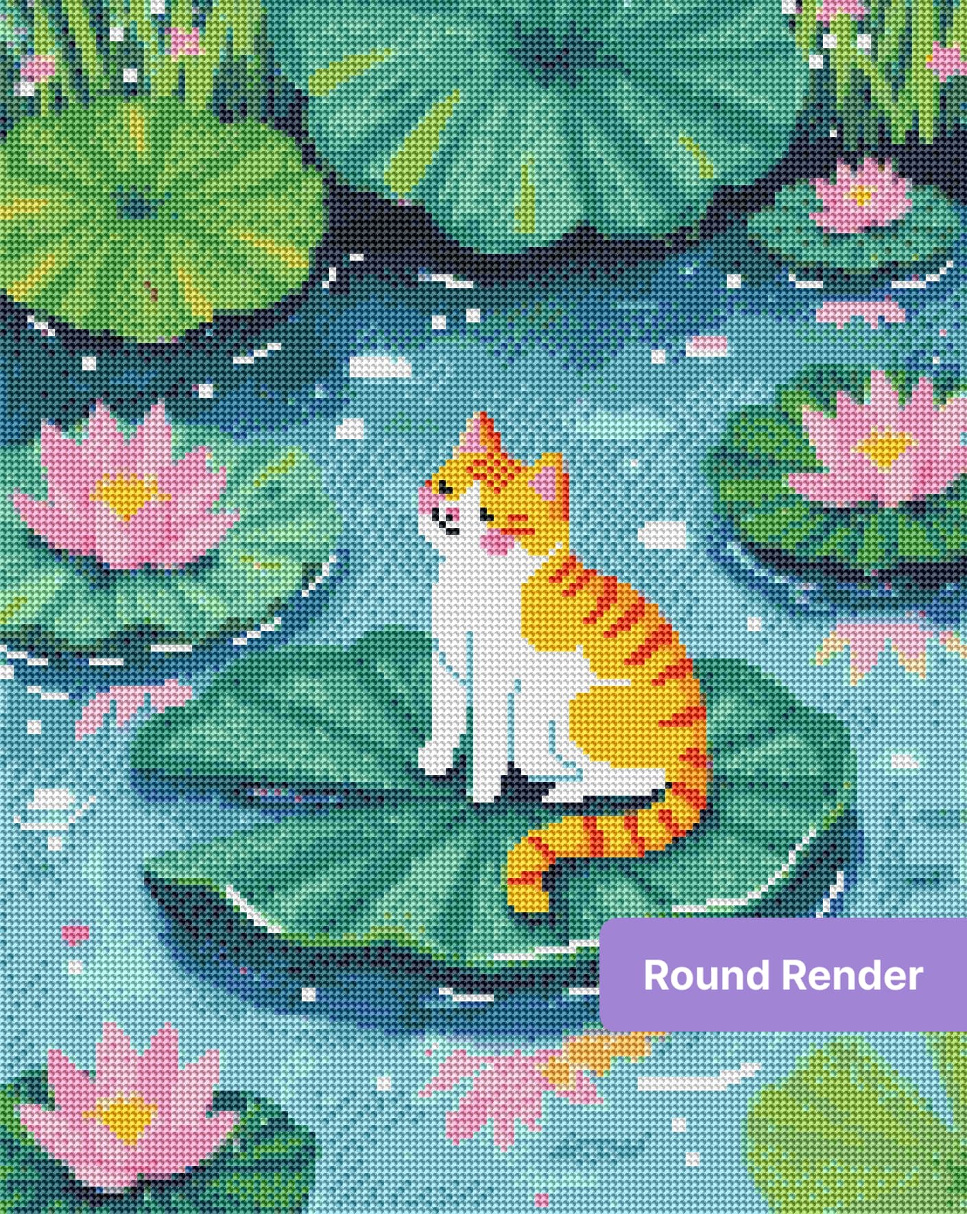 Orange and white cat sitting on lily pads with pink lotus flowers in a whimsical pond scene