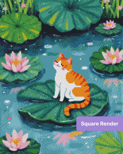 Orange and white cat sitting on lily pads with pink lotus flowers in a whimsical pond scene