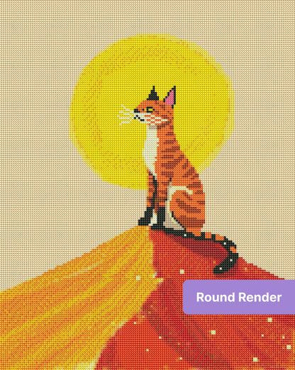 Orange tabby cat sitting on a colorful sunset hill with a bright golden sun behind it