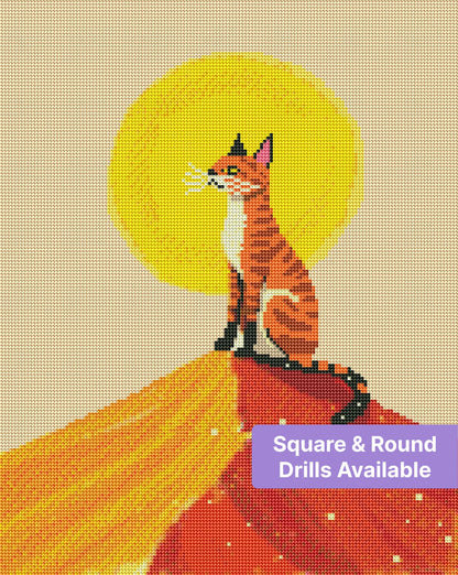 Orange tabby cat sitting on a colorful sunset hill with a bright golden sun behind it