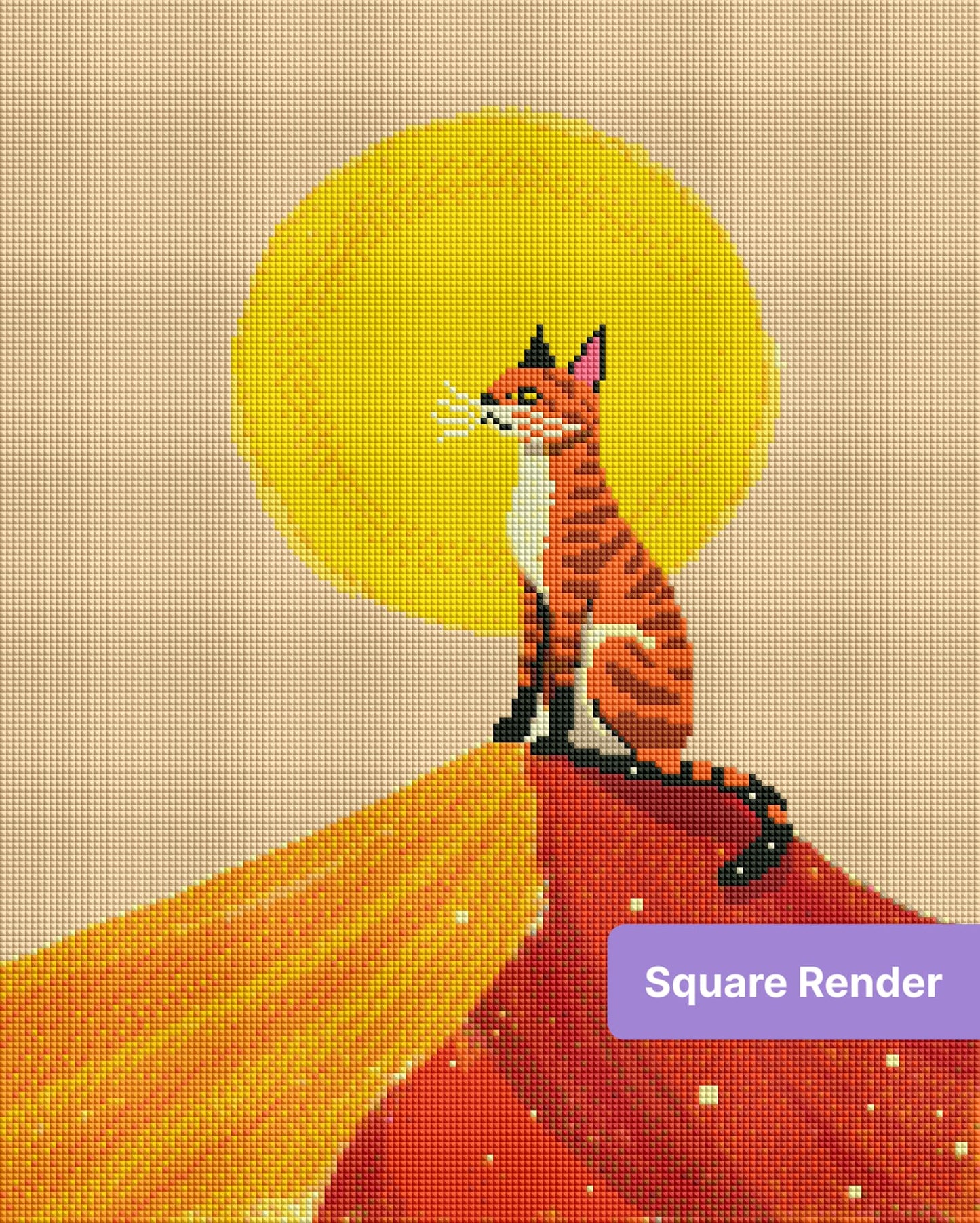 Orange tabby cat sitting on a colorful sunset hill with a bright golden sun behind it