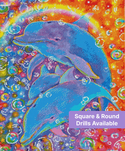 Three blue dolphins in a rainbow bubble-filled fantasy ocean scene