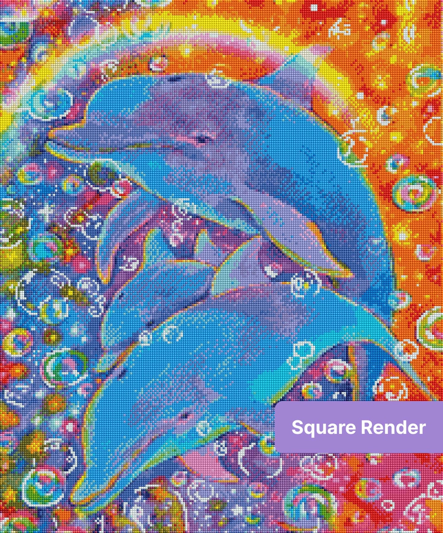 Three blue dolphins in a rainbow bubble-filled fantasy ocean scene