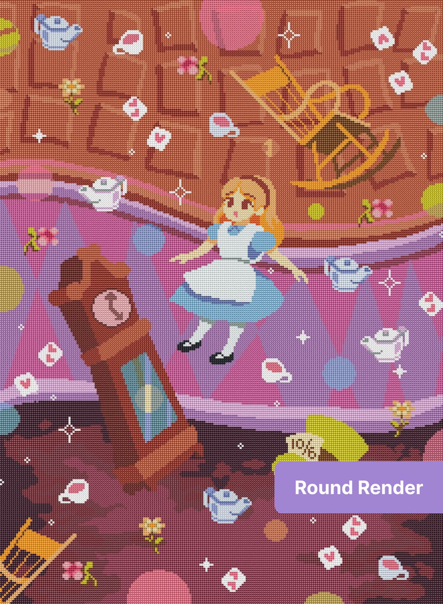 pixelated alice diamond art kit featuring a whimsical alice in wonderland scene
